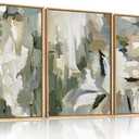 Large Abstract Green Beige Framed Canvas Wall Art Set,Neutral Brush Stroke Watercolor Wall Painting,Modern Minimalist Artwork for Living Room,Bedroom,Dining Room,Office -16"x24"x3