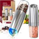 CIRCLE JOY Gravity Electric Salt and Pepper Grinder Set Stainless Steel Automatic Salt and Pepper Grinder Set, Battery Operated, LED Light, Adjustable Coarseness, for Home Kitchen BBQ, Silver, 4.75 Ounces