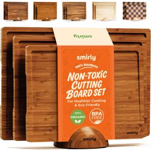 SMIRLY Wood Cutting Boards for Kitchen Wooden Chopping Board Set Reversible with Deep Juice Grooves Grip Handles, Large Charcuterie Tray, New Apartment Essentials, Carbonized Bamboo, 3Pcs with Holder