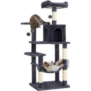 Feandrea Cat Tree, 55.1-Inch Cat Tower, Plush Multi-Level Condo with 4 Scratching Posts, 2 Perches, Hammock, Cave, Smoky Gray UPCT161G01