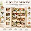Toy Storage Organizer and Bookshelf, Large 4 Tier Book Shelf W/10 Toy Bins and 4 Drawers, Cute Bear Toy Organizers Box Bookcase for Nursery, Playroom, Bedroom, Kindergarten