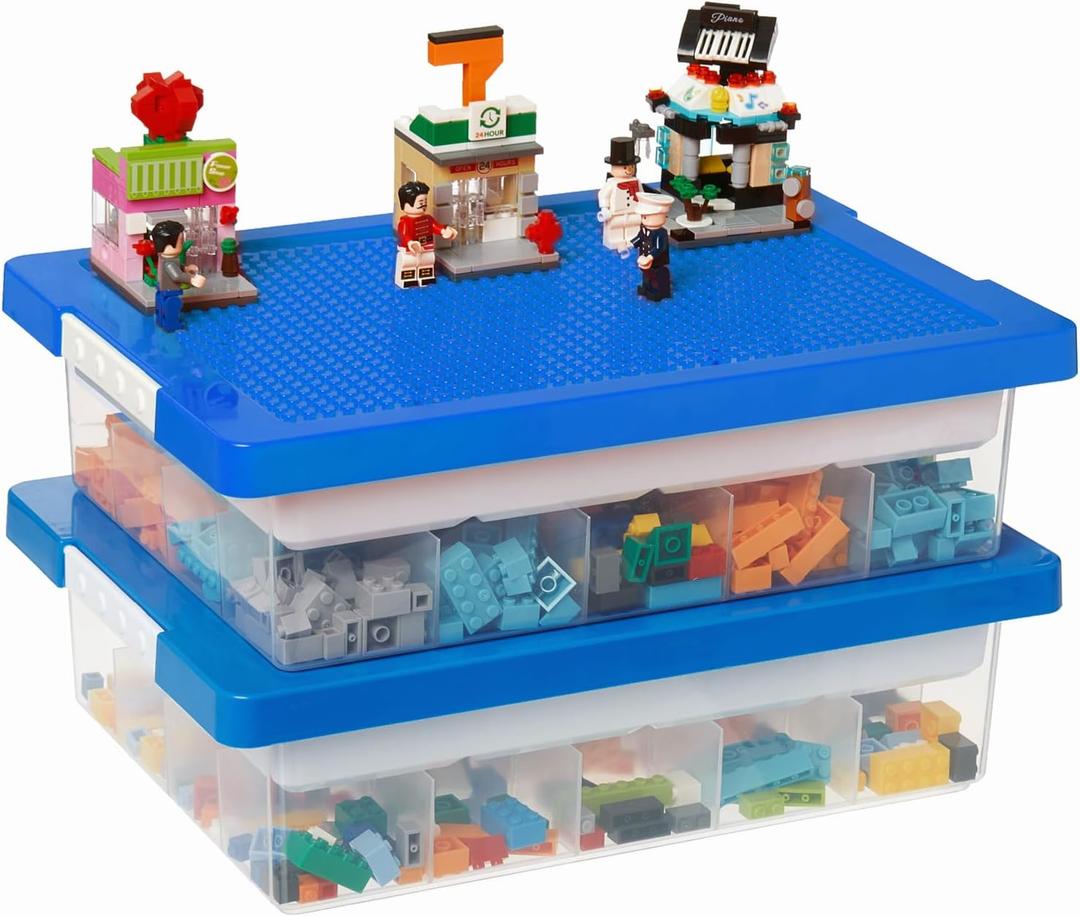 MACOPRO Toys Storage Organizer Box for Lego, Toy Box with Building Plate Lid and Removable Tray, Building Block Storage, Stackable Plastic Organizer Bins (Blue-2Pack)