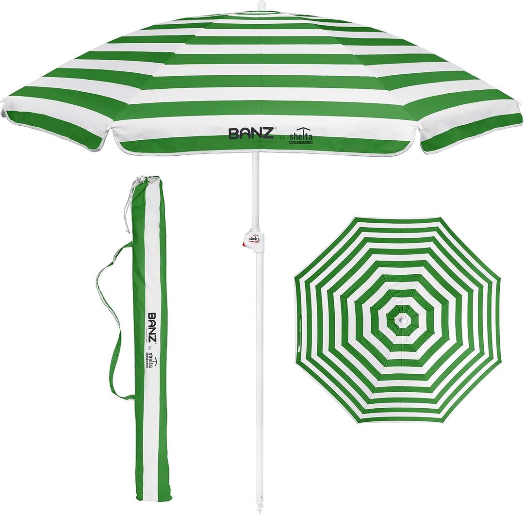 BANZ Cabana Beach Umbrella UPF 50 - UV Protection Foil-Lined Portable Outdoor Umbrella for Sand with Screw-in Base & Tilt Pole - Lightweight Beach Shade & Patio Umbrella with Bag, 66 inches x 78 inches