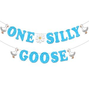 2 x One Silly Goose Banner, 1st Birthday Decorations for Boy, Silly Goose Baby Shower Decorations, Farm Animal First Birthday Sign (Blue)