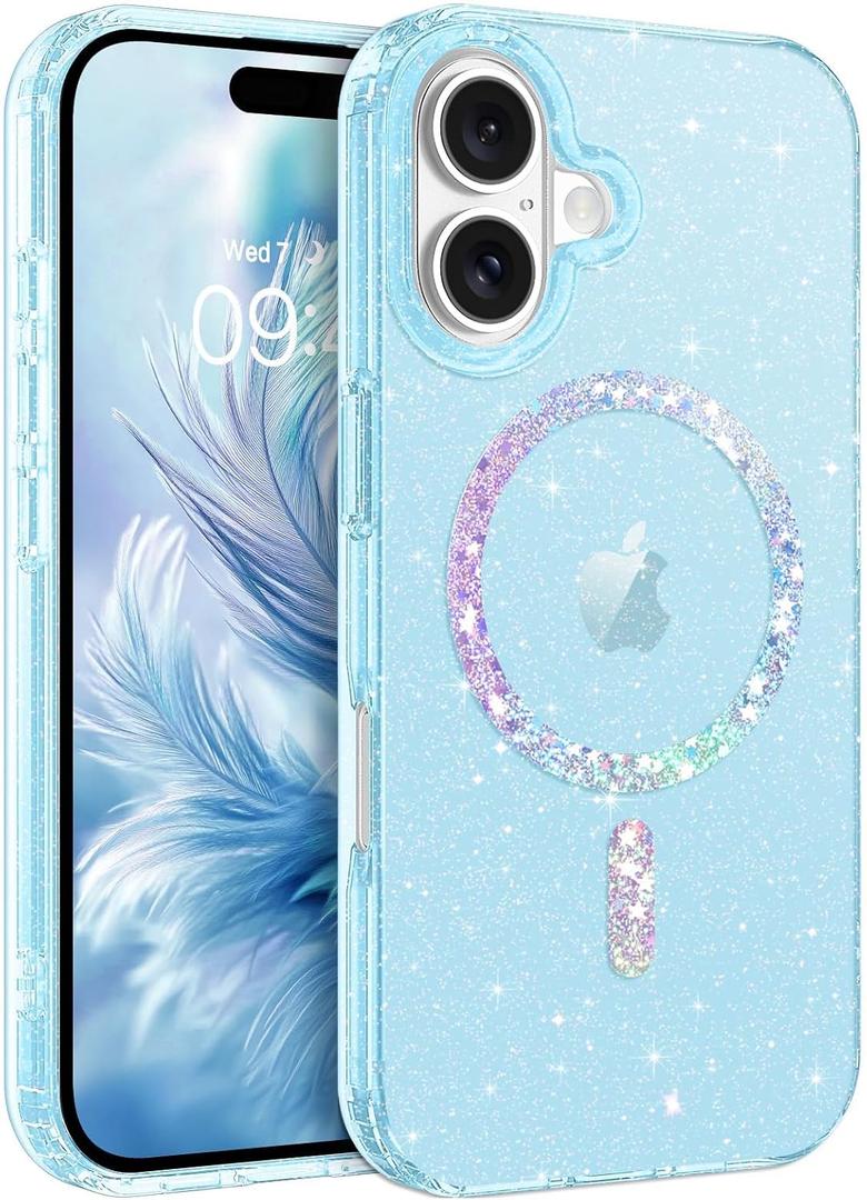 BENTOBEN Magnetic for iPhone 16 Plus Case, Clear Crystal Glitter Phone Case [Compatible with MagSafe] Shockproof Sparkly Cute Women Girl Protective Cover for iPhone 16Plus 6.7 inch, Light Blue Glitter