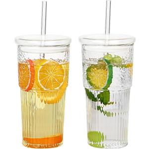 GOSCHE Glass Cups with Lids and Straws, 20oz Glass Cups Drinking Jar, Clear Iced Coffee Cups, Vintage Ripple Glass Tumbler for Water Coffee Tea, Clear, 2 Pcs