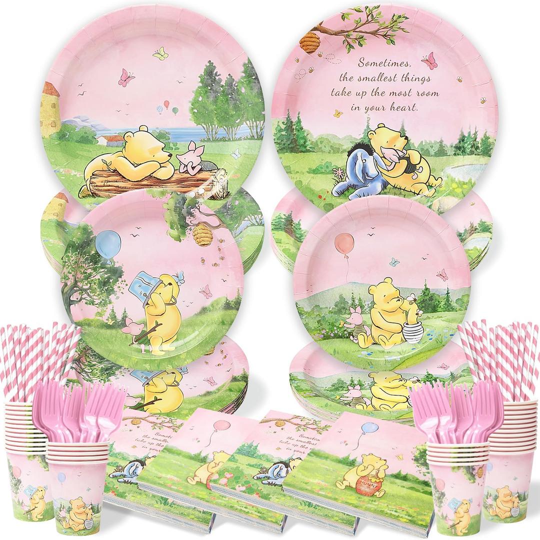 144Pcs Pink Winnie Bear Baby Shower Plates and Napkins Tableware Set, Plates Napkins Cups Straws and Forks Sets, Winnie Baby Shower Decorations Birthday Party Supplies, Serves 24 Guests