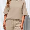 PRETTYGARDEN Women's 2 Piece Lounge Sets 2025 Summer Short Sleeve Tunic Tops Drawstring Shorts Matching Outfits Tracksuits (Beige, Small) (S)