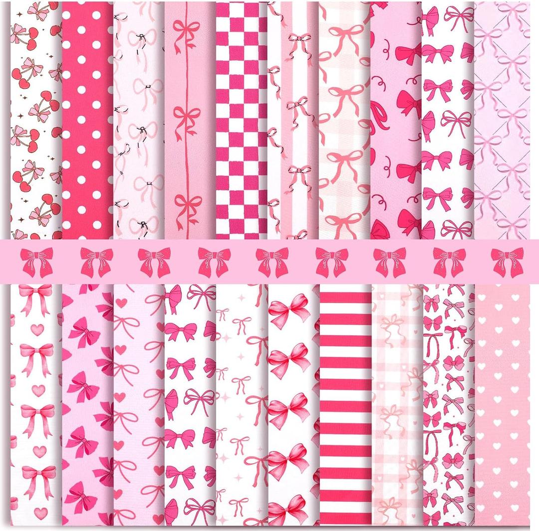 HunnmingRe 20 Pcs 10''x10'' Pink Bow Quilting Fabric Square Coquette Bow Precuts Quilted Fabric Bundle Heart Plaid Polka Dot Stripes Printed Sewing Material for Holiday Patchwork DIY Craft Supplies