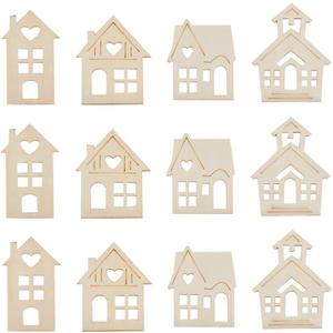 GORGECRAFT 24Pcs 2 Sizes Christmas Wood Ornaments Unfinished House Shape Tag Slices Tree Home Hanging Craft Wooden Cutouts Embellishments for DIY Xmas Ornament Wedding Birthday Party Gifts Decor