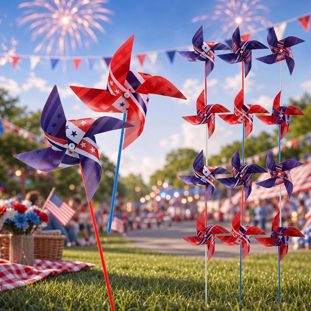 2 x 12 Pcs 4th of July Decorations Patriotic Pinwheels Red White Blue Pinwheels American Flag Wind Spinners for Yard and Garden, Independence Day 250th Anniversary Memorial Day Party Supplies