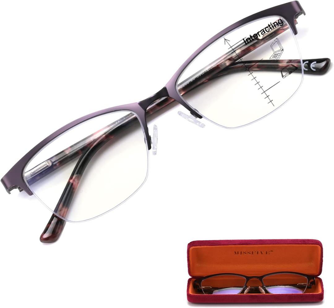 Missfive Premium Progressive Multifocus Metal Reading Glasses Women & A Case, Quality Spring Hinge Blue Light Blocking No Line Lens Multifocal Readers(for Mid-Near Workspace_2.0x_Deep Purple)