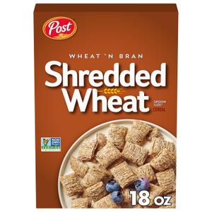 Post Wheat n Bran Shredded Wheat, Breakfast Cereal, Excellent Source of Fiber, Kosher 18 Ounce, BBD 12/16/2026