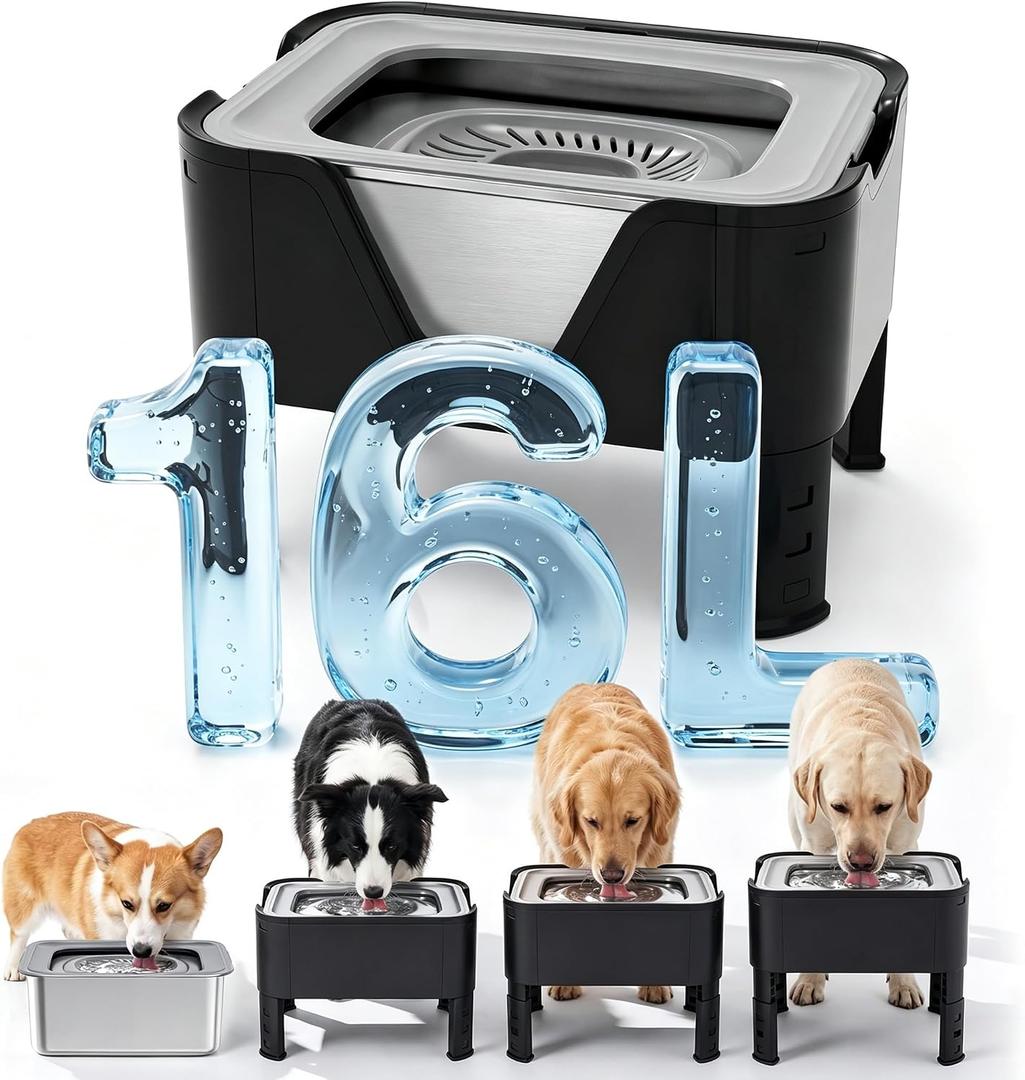 16L (4.23Gal) Extra Large (17.9x14x14.7) Elevated Dog Water Bowl, Height Adjustable Raised Stand for Large & XL Dogs, Stainless Steel No-Spill Bowl with Replaceable Filter for Multi Dog, No Pump