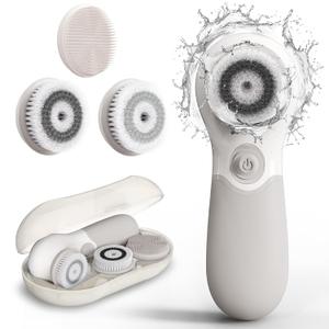 Face Scrubber with 3 Brush Heads & 2 Speeds - Deep Cleaning, Exfoliating, and Massaging for All Skin Types - Facial Cleansing Brush Includes Silicone Head, Travel Case & Free-Plastic Packaging (Grey)