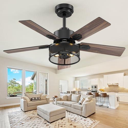 Vaczon Farmhouse Ceiling Fans with Lights and Remote, 42 Inch Black Caged Ceiling Fan, Indoor/Outdoor Ceiling Fan with Dual-Color Blade Warm White Lighting for Bedroom, Patio, Kitchen, Living Room