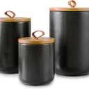 Black Canister Sets for Kitchen, 3pcs Ceramic Canisters with Airtight Wooden Lid, Food Storage Jar, Large Kitchen Storage Containers for Serving Coffee Beans, Tea, Sugar, Salt, Spices