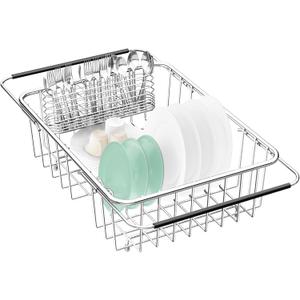Fanbsy Large Dish Drainer Rack in Sink Adjustable, Expandable 304 Stainless Steel Metal Dish Drying Rack Organizer with Stainless Steel Utensil Holder Over Inside Sink Counter, Rustproof