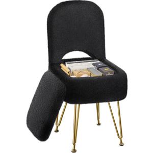 GREENSTELL Small Vanity Stool Chair with Storage and Folding Back, 13.4" x 15" x 30" Square Faux Fur Soft Ottoman, 4 Metal Legs with Anti-Slip Feet, Furry Padded Seat for Makeup, Bedroom, Black