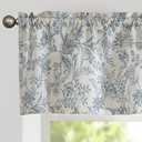 Vangao Farmhouse Linen Valance Curtain for Kitchen Floral Rustic Light Filtering Rod Pocket Window Topper Treatment 16 Inch Blue on Beige