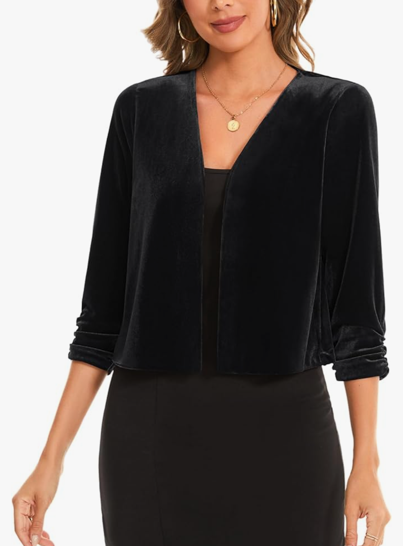 MINTLIMIT Women's Velvet Shrug Cropped Cardigan Ruched 3/4 Sleeve Open Front Cocktail Party Bolero Shrug Top for Dress XL