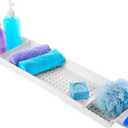 Madesmart Expandable Bath Tray for Bathtubs, Plastic Shower and Bath Shelf Caddy, White, Multifunctional Bathtub Bathroom Organizer (White/Blue)