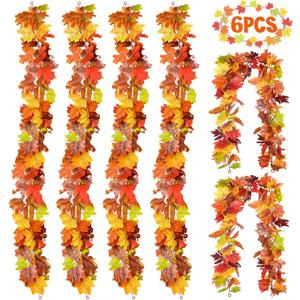 6 Pack Fall Decor for Home Fall Leaves Garland Thanksgiving Decorations Indoor Outdoor 5.8Ft/Piece Artificial Maple Leaf Garland for Autumn Harvest Halloween Party Thanksgiving Decor (Multicolor)