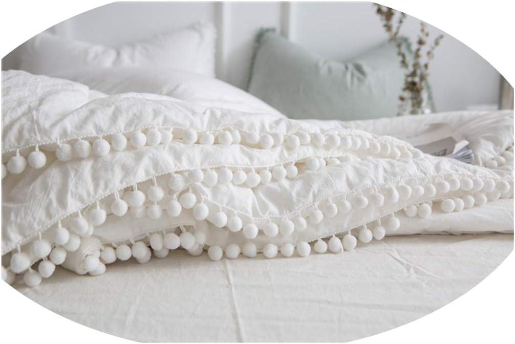 3 Pcs Ivory Bedding Quilt with Pom Poms King Size Off White Pure Cotton Thin Bedding 104"*90" with 2 pillowcases ( White )