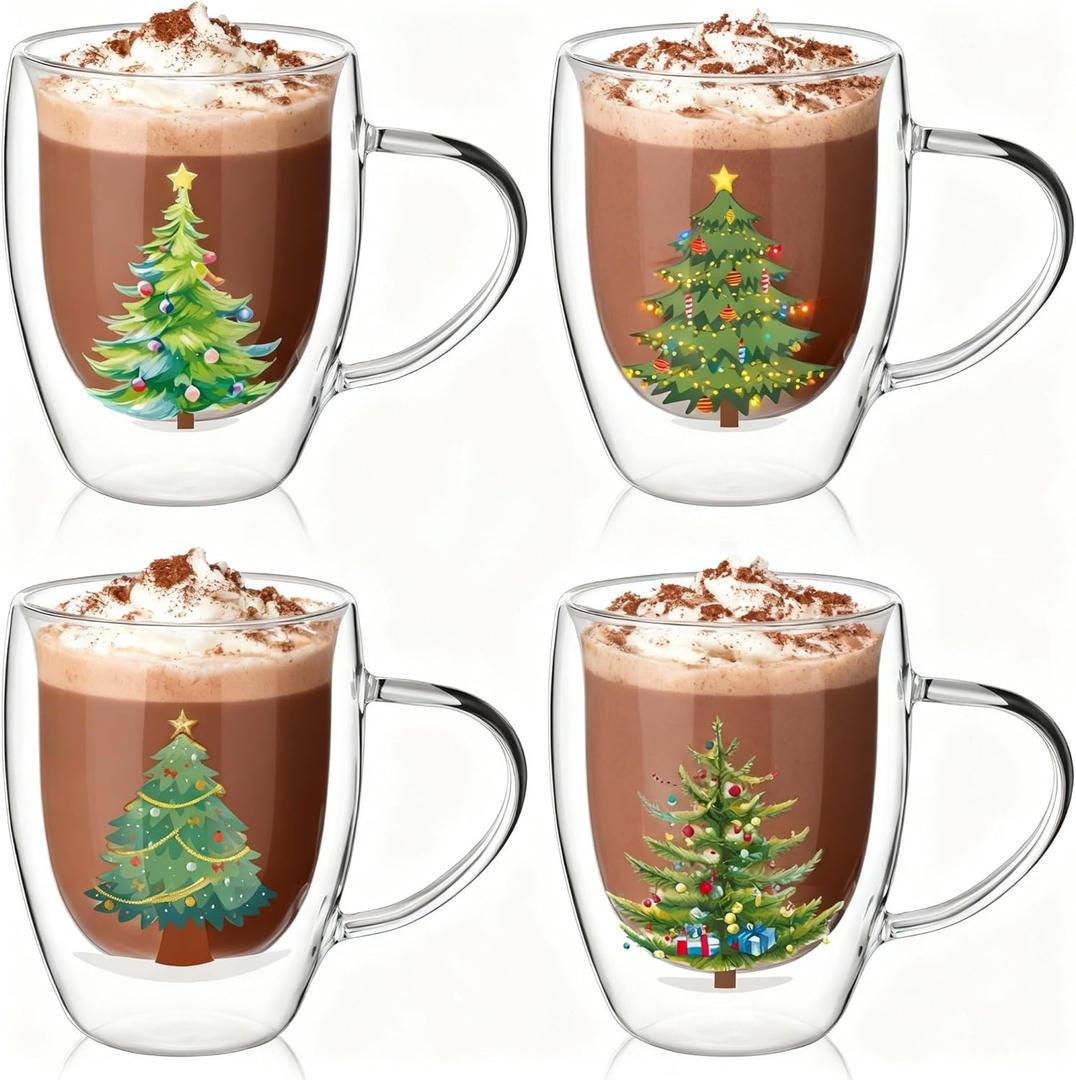 Layhit 4 Pcs Glass Coffee Mugs, 12 oz Double with Handle Clear Holiday Styles Cups Iced Coffee Mugs for Hot Chocolate Milk Beverages(Xmas Tree)