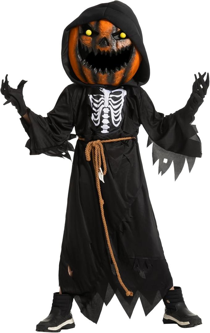 Spooktacular Creations Halloween Boy Scarecrow Pumpkin Reaper Costume with Kids Pumpkin Head for Halloween Cosplay (Medium (8-10yr))