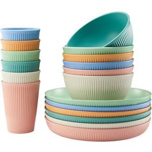 18pcs Wheat Straw Dinnerware Sets, HXYPN Unbreakable Reusable Dinnerware Set Kitchen Cups Plates and Bowls Sets Dishwasher Microwave Safe Plates