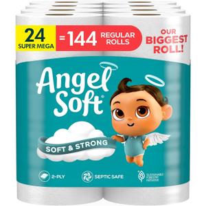 Angel Soft Toilet Paper, 24 Super Mega Rolls = 144 Regular Rolls, Soft and Strong Toilet Tissue (480 Sheet (Pack of 24))