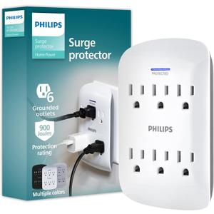 Philips 6Outlet Extender Surge Protector, Wall Tap, 900 Joules, 3Prong, Space Saving Design, Protection Indicator LED Light, ETL Listed, White, SPP3461WA/37