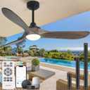 52 Outdoor Ceiling Fan with Light and Remote via WIFI Alexa, 3 Walnut Solid Wood Blade, Noiseless Reversible Dc Motor, Smart Outdoor Wood Ceiling Fan for Farmhouse Patios, Dark Brown