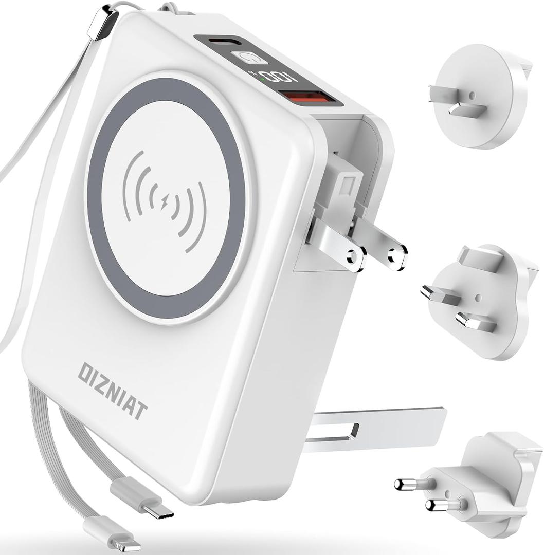 for Magsafe Portable Charger Power Bank 10000mAh, 22.5W Battery Pack Fast Charging Wall Plug Power Bank for iPhone Andriod Sumsung Travel Charger with Built in USB C & Lightning Cables (White)