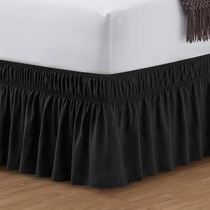 Black Wrap Around Bed Skirt with 16" Drop - Three Sides Fabric Adjustable Elastic Dust Ruffle, Twin(39"X 75") Black Bed Skirt