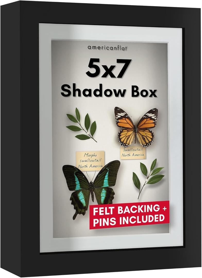 Americanflat 5x7 Shadow Box Frame with Shatter-Resistant Glass - Use as 4x6 Frame with Mat or 5x7 Without Mat - Silhouette Collection - Black with Soft Felt Back
