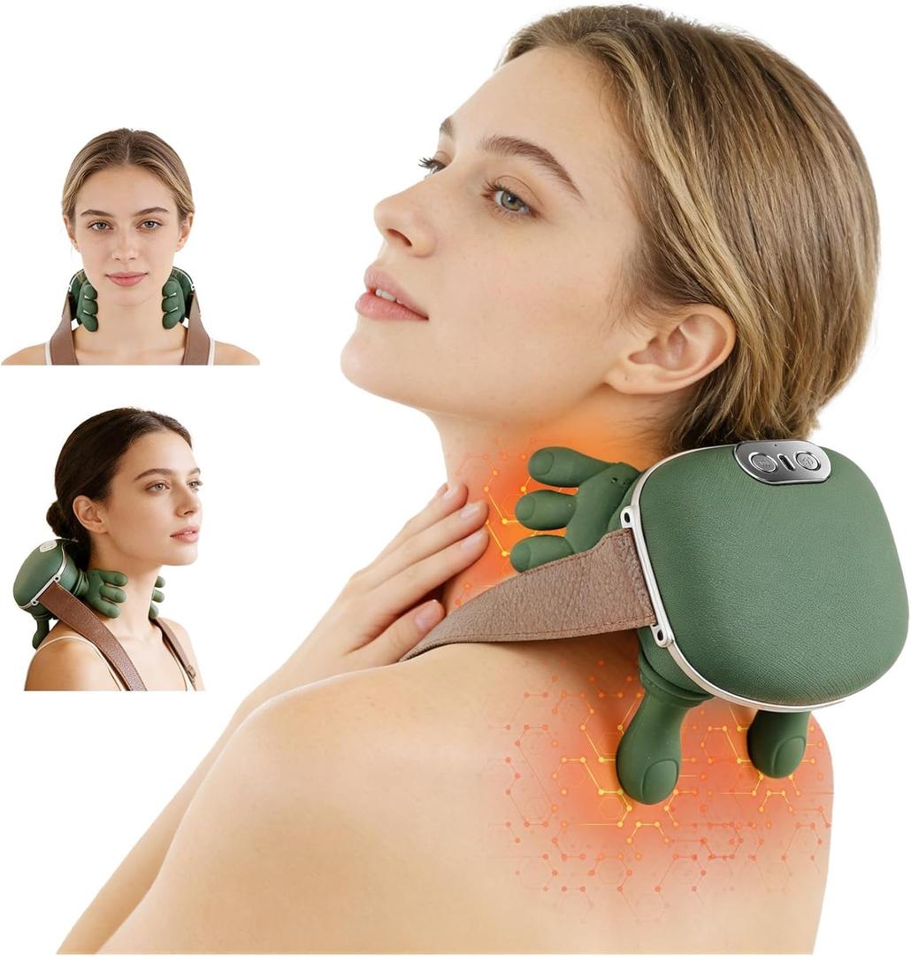 Bionic Neck and Shoulder Massager, N7 Real Hand Massagers with Fingers Heated for Back Muscle Pain Relief, Portable & Lightweight Design, Touch Gift (Eucalyptus Green)