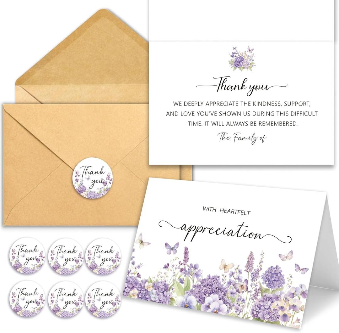Funeral Thank You Cards with Envelopes, Set of 50, Purple Watercolor Floral Butterfly Design 4x6In Message Inside Sympathy Thank You Card for Funeral Bereavement