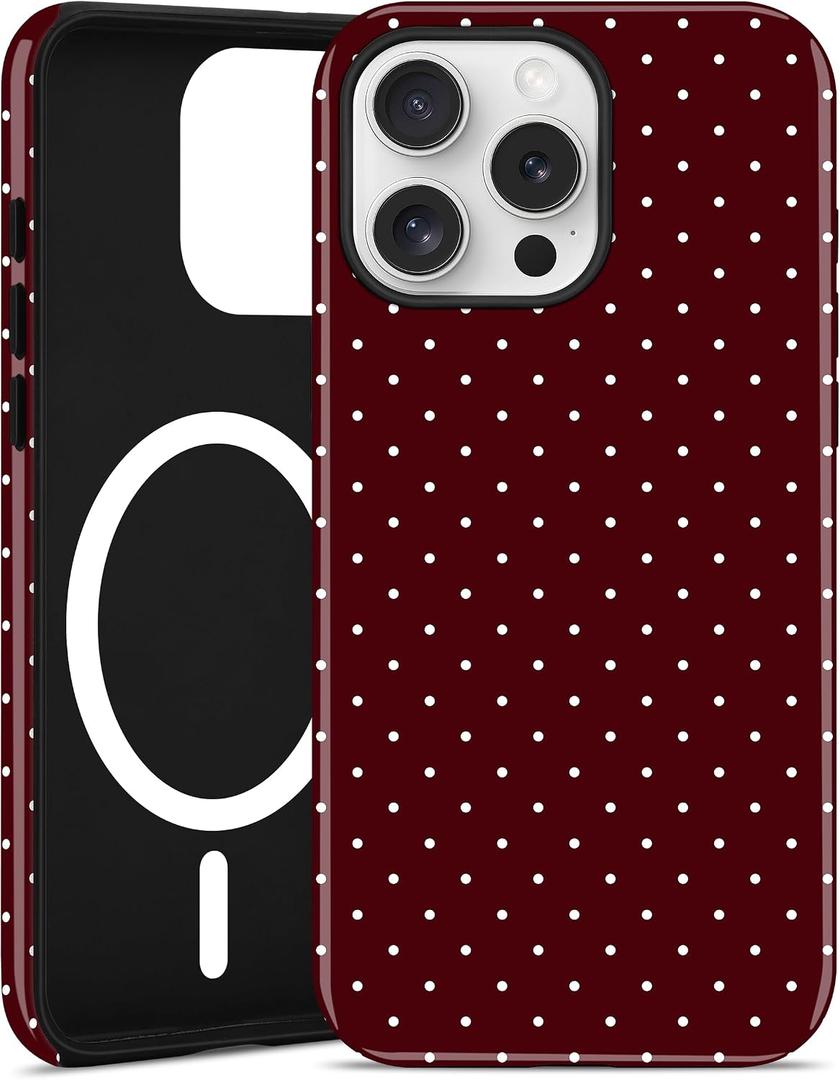 Jusy Compatible with MagSafe Polka Dot Case for iPhone 13 Pro Max, Cute Aesthetic Polka Dots Magnetic Phone Case, Soft TPU and Hard PC Protective Phone Cover for Women GirlsShiny - Burgundy