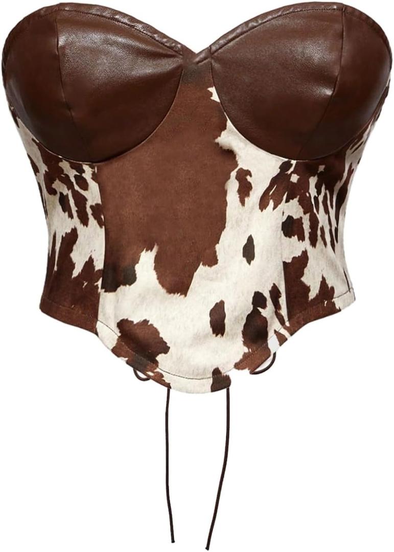 MakeMeChic Women's Cowgirl Outfits Cow Print Top Summer Leather Backless Crop Croset Tops (Brown) M