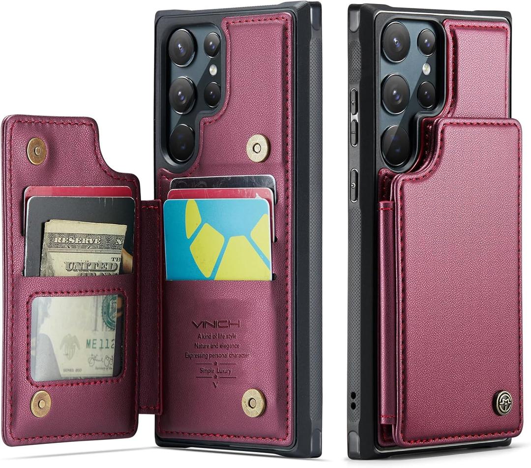 Vinich for Samsung Galaxy S22 Ultra Wallet Case with Card Holder, RFID Blocking Credit Slots Kickstand Shockproof Phone Cover for Women Men, Wine Red
