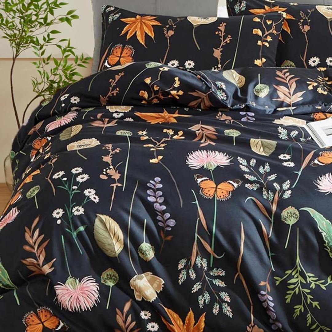 Sedefen Floral Duvet Cover Set Queen, Black Duvet Cover with Pink Floral Colorful Botanical Yellow Butterfly 3D Printed Bedding Set 3 Pcs Soft Microfiber Comforter Cover with Zipper Ties