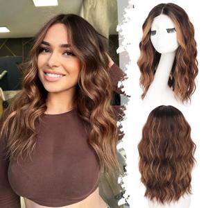 Brown Highlight Short Wavy Wig for Women Lace Hairline Bob Style Synthetic Heat Resistant - Natural Appearance for Everyday Hairstyle, 18 Inch