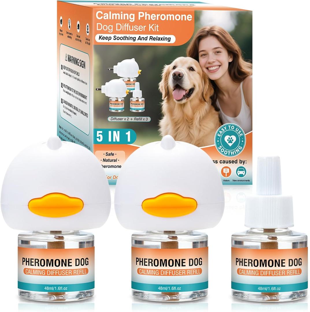 Dog Calming Pheromones Diffuser to Calm Pet 5 In 1 Advanced Kit Appeasing Pheromone Diffuser for Anxiety Relief (2 Plug in+2 Pack 48ml Refill) Reduce Aggression Fighting Barking Stress (Tasteless) 
