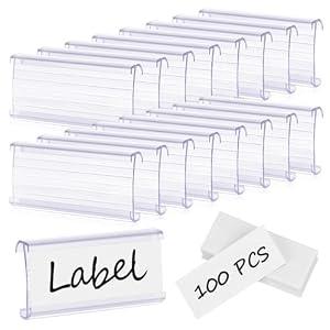 100 Pcs Wire Shelf Label Holder with Paper Inserts, Compatible with 1-1/ 4 Inch Shelves, Plastic Shelf Tags for Wire Shelving Label Clips with Label Paper Removable Wire Rack Label Holder Display Clip