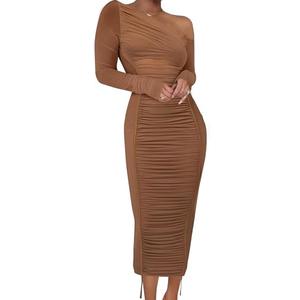 Off the Shoulder Dresses for Women Sexy Bodycon Mesh Long Sleeve Ruched Contrast Binding Split Cocktail Club Maxi Dress, Brown, XS