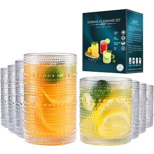 Vintage Hobnail Drinking Glasses Set of 8, Cocktail Glasses 14 oz and 12 oz, Cups for Kitchen, Beaded Glassware, Highball Glasses for Whiskey, Juice, Water, Beer
