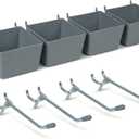 Pegboard Bins and Hooks Set, 4 Pack Open Front Storage Bins with 2 Inch Hooks, Small Parts Organizer Add-On for Screws, Nails, Tools, Garage Workshop Wall Storage