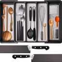 Silverware Drawer Organizer, Expandable Drawer Organizers, BPA Free Flatware and Cutlery Tray, Adjustable Plastic Storage with Anti-Slip Linner inside for Spoons Forks Knives with 2 Knife Guards, Grey